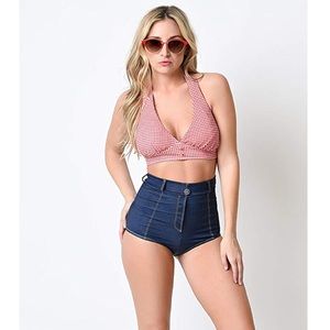 Red & White Gingham Retro Halter Swim Top